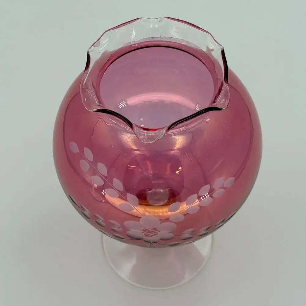 Vintage Cranberry Glass Pedestal Rose Bowl Vase, Etched Flower, Ruffled Rim 8